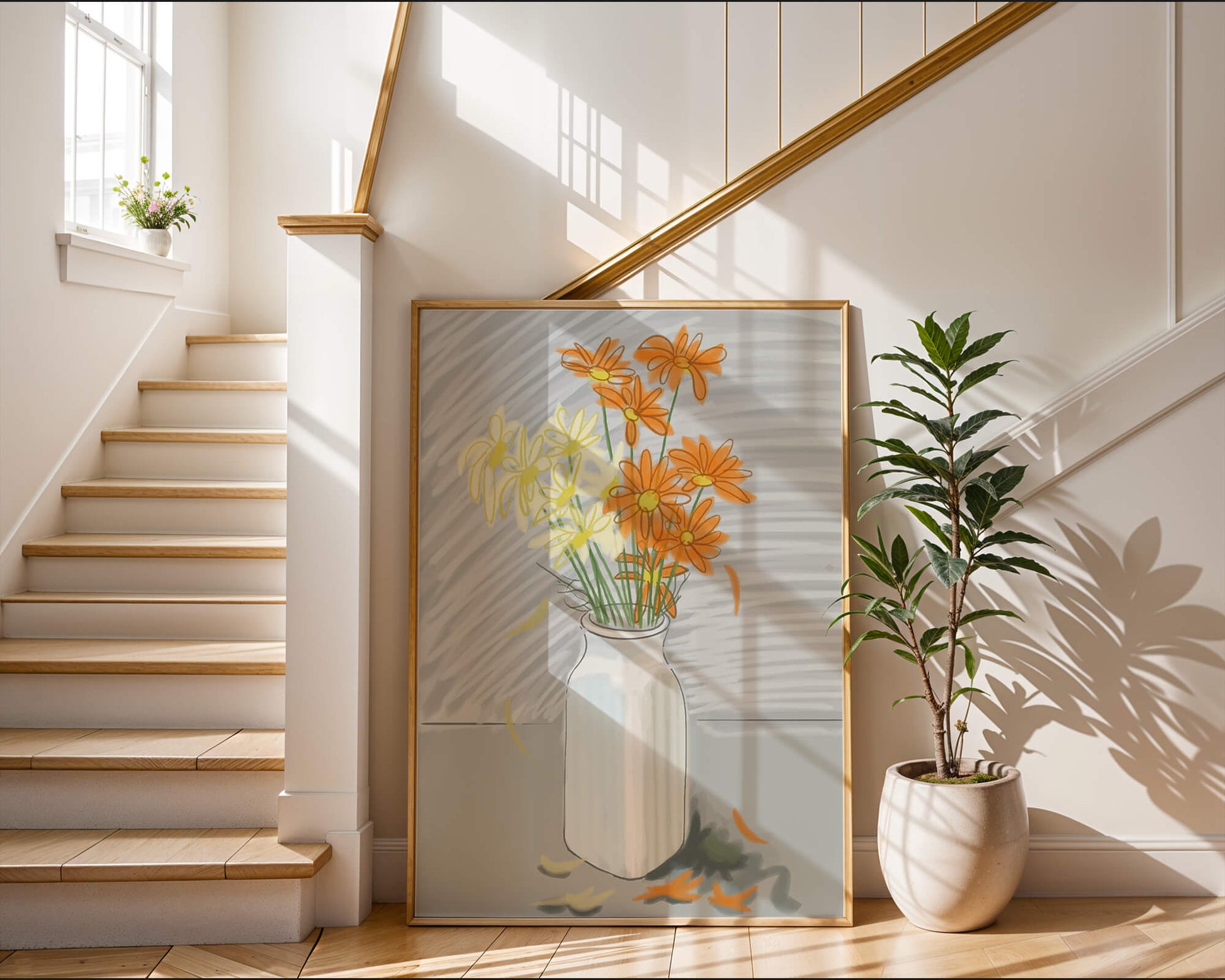 Vibrant daisies in a white vase illustration