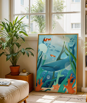 Underwater scene with whale, fish, and sea plants illustration