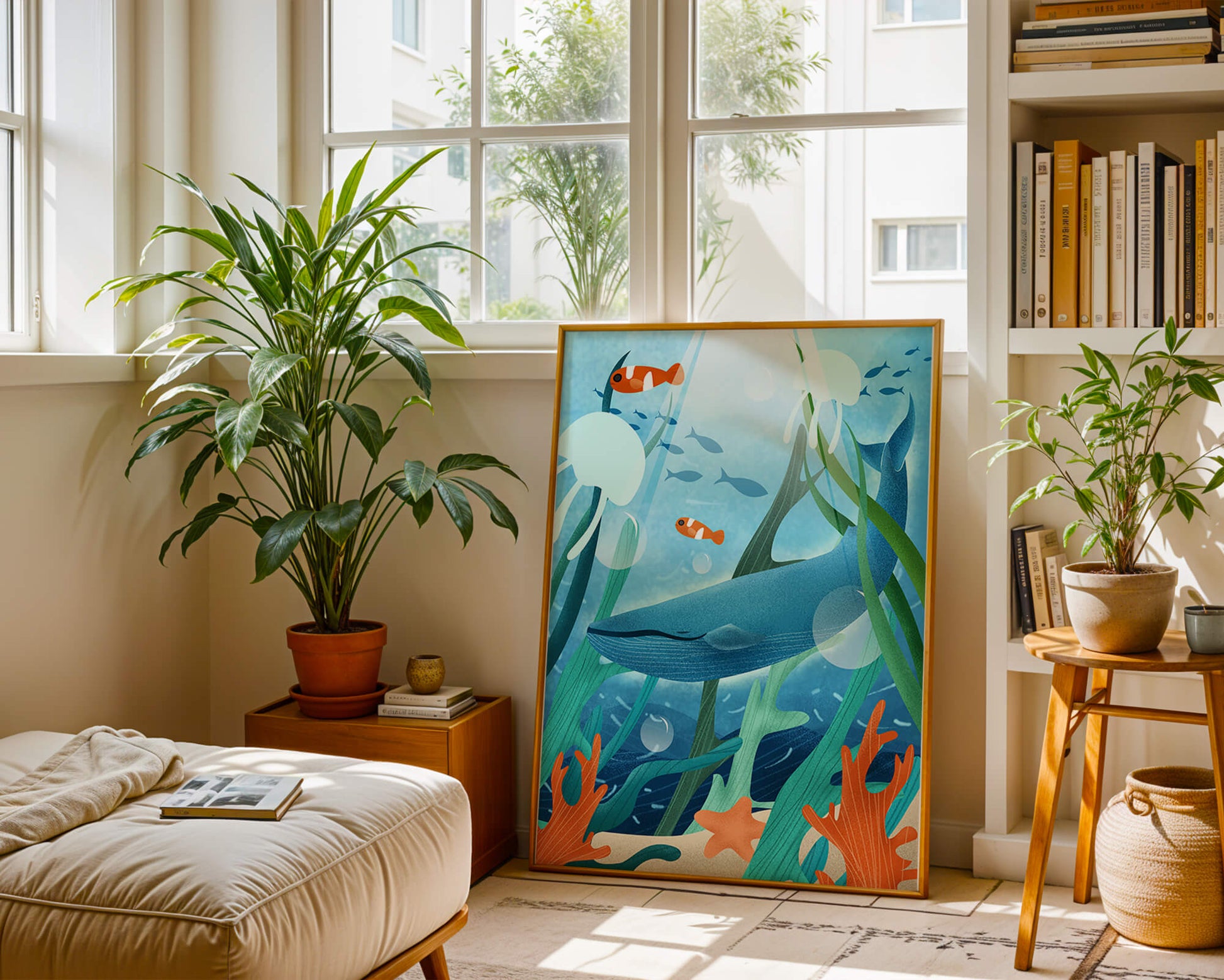Underwater scene with whale, fish, and sea plants illustration
