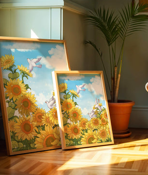 Friedliche Szene mit Sonnenblumen und Tauben unter einem strahlend blauen Himmel