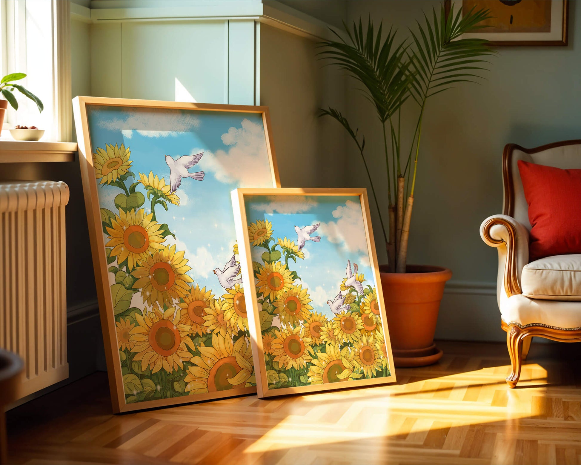 Friedliche Szene mit Sonnenblumen und Tauben unter einem strahlend blauen Himmel