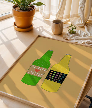 Ilustración de botellas de cerveza coloridas con etiquetas artísticas