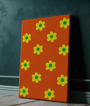Buntes Blumenmuster mit gelben Blumen auf orangefarbenem Hintergrund
