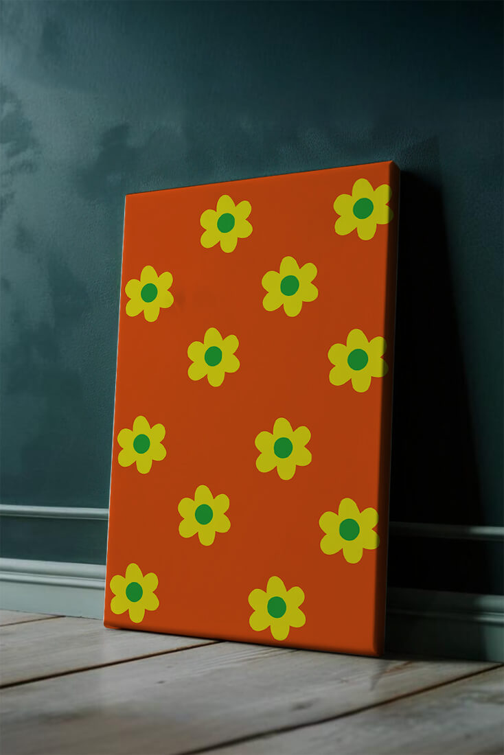 Colorful floral pattern with yellow flowers on orange background