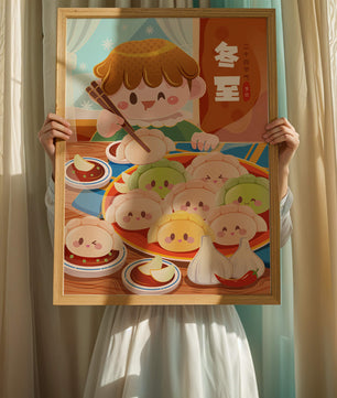 Festive cartoon illustration of a child enjoying dumplings during winter solstice