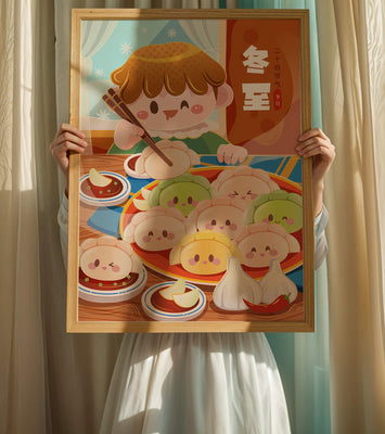 Festive cartoon illustration of a child enjoying dumplings during winter solstice