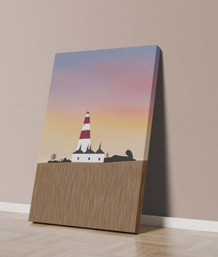 Lighthouse at Dusk with Colorful Sky and Field Landscape