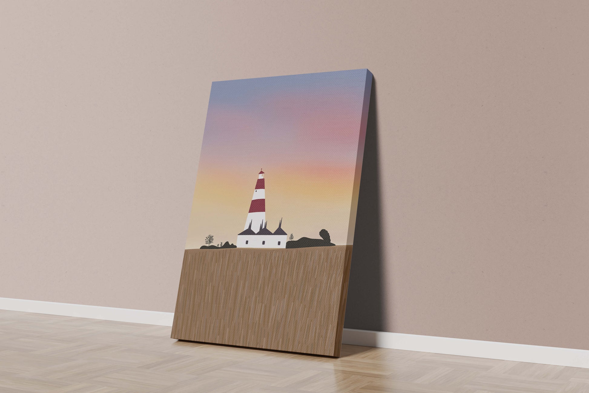 Lighthouse at Dusk with Colorful Sky and Field Landscape