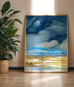 Dynamic Ocean Waves Under Cloudy Sky With Seagulls And Gold-Tinted Sand