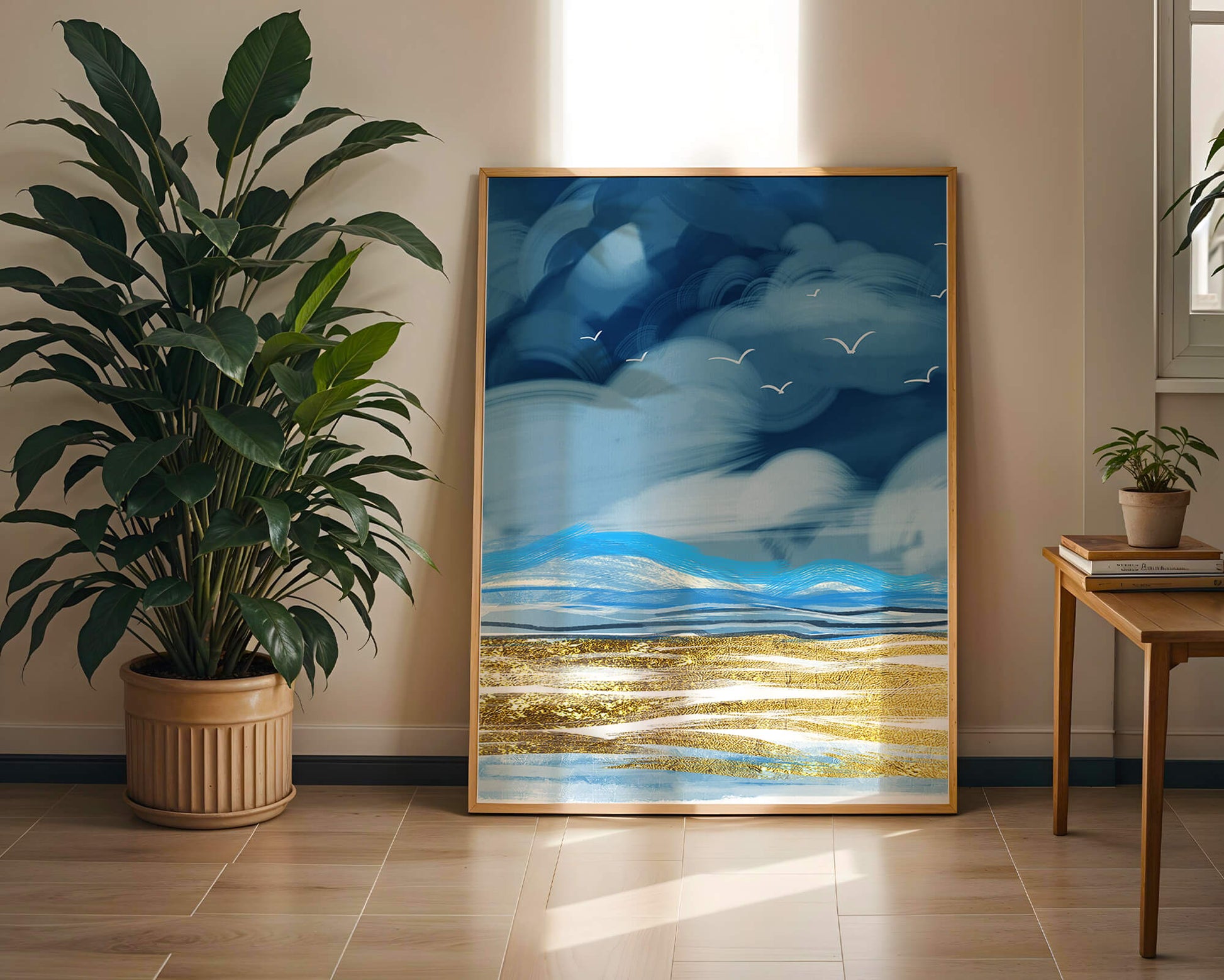 Dynamic Ocean Waves Under Cloudy Sky With Seagulls And Gold-Tinted Sand