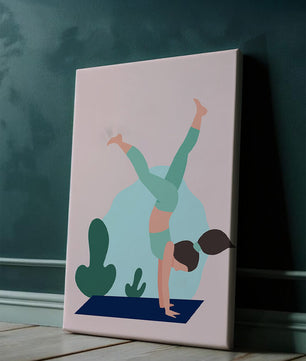Ilustración de una mujer practicando la postura de parada de manos en yoga