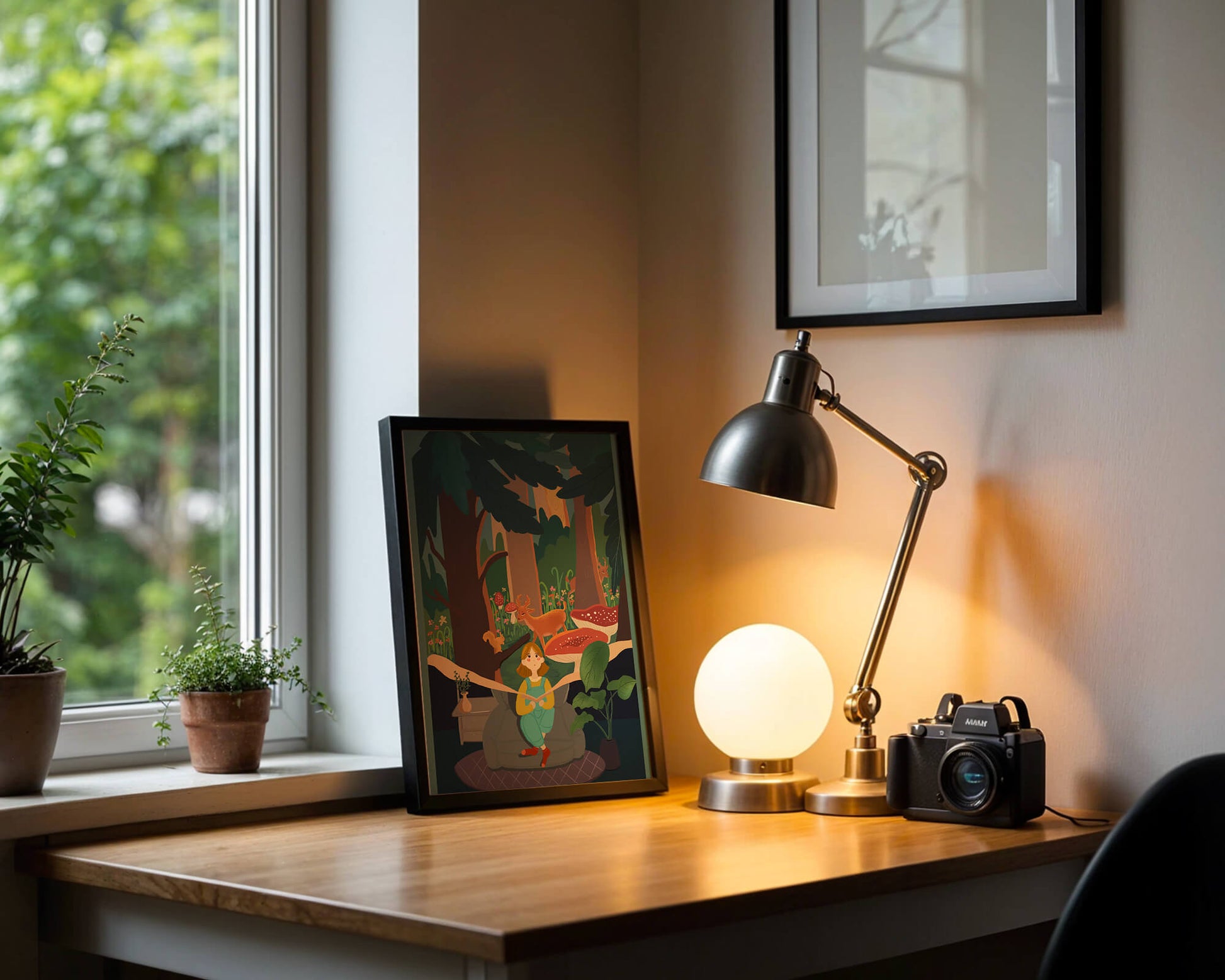 Figura femenina pacífica con criaturas del bosque y vegetación verde exuberante