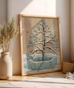 Paisaje invernal con ilustración de árbol bonsái cubierto de nieve