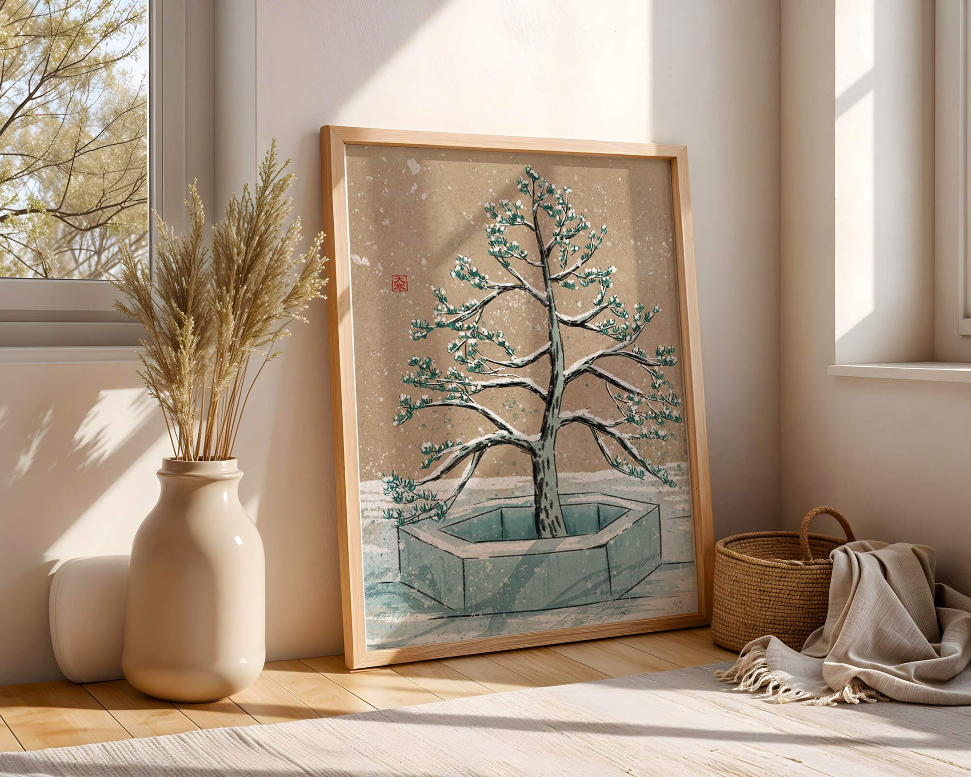 Paisaje invernal con ilustración de árbol bonsái cubierto de nieve
