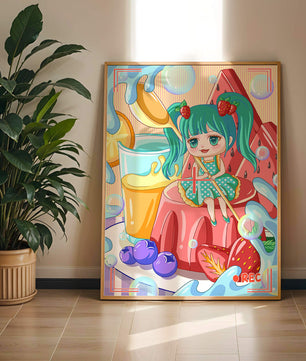 Scène de dessert fantaisiste avec un personnage mignon et des couleurs vives