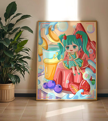 Whimsical dessert scene with cute character and vibrant colors