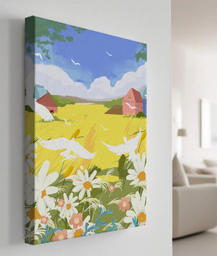 Summer Landscape with Birds and Flowers in a Pastoral Setting