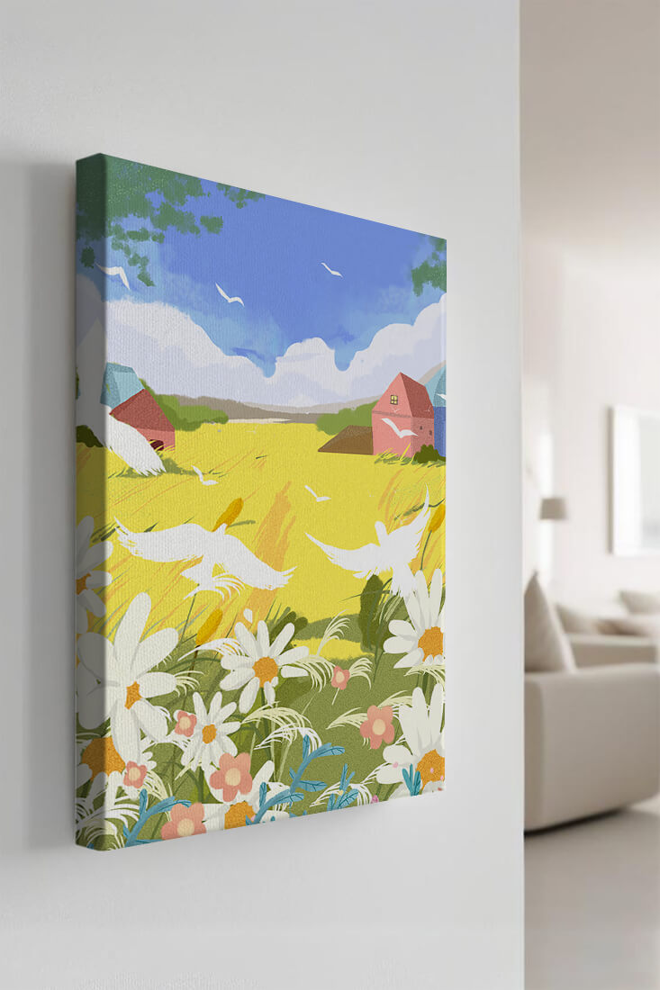 Summer Landscape with Birds and Flowers in a Pastoral Setting