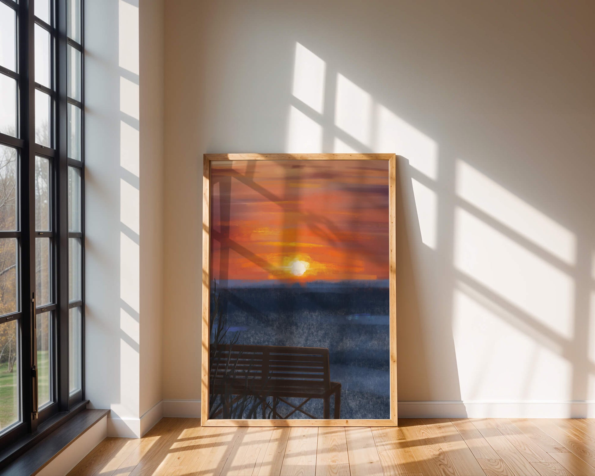 Vue sereine du coucher de soleil avec un banc vide sur des eaux calmes