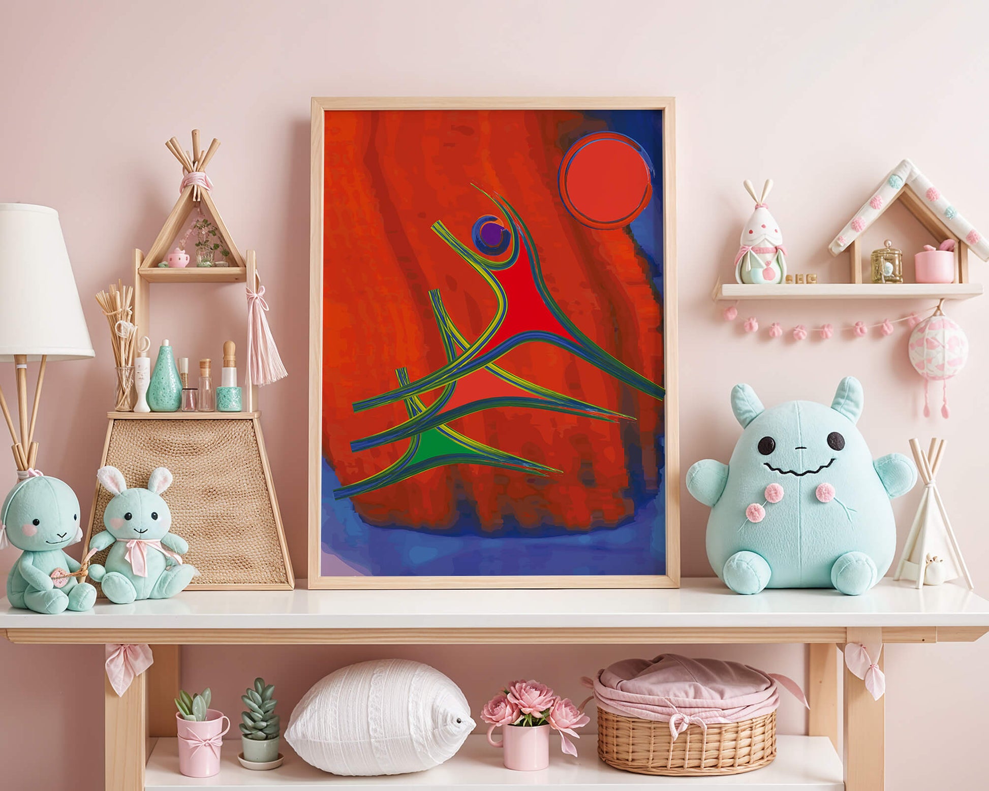 Abstract colorful artwork with dynamic figures and bold colors