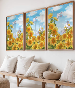 Friedliche Szene mit Sonnenblumen und Tauben unter einem strahlend blauen Himmel