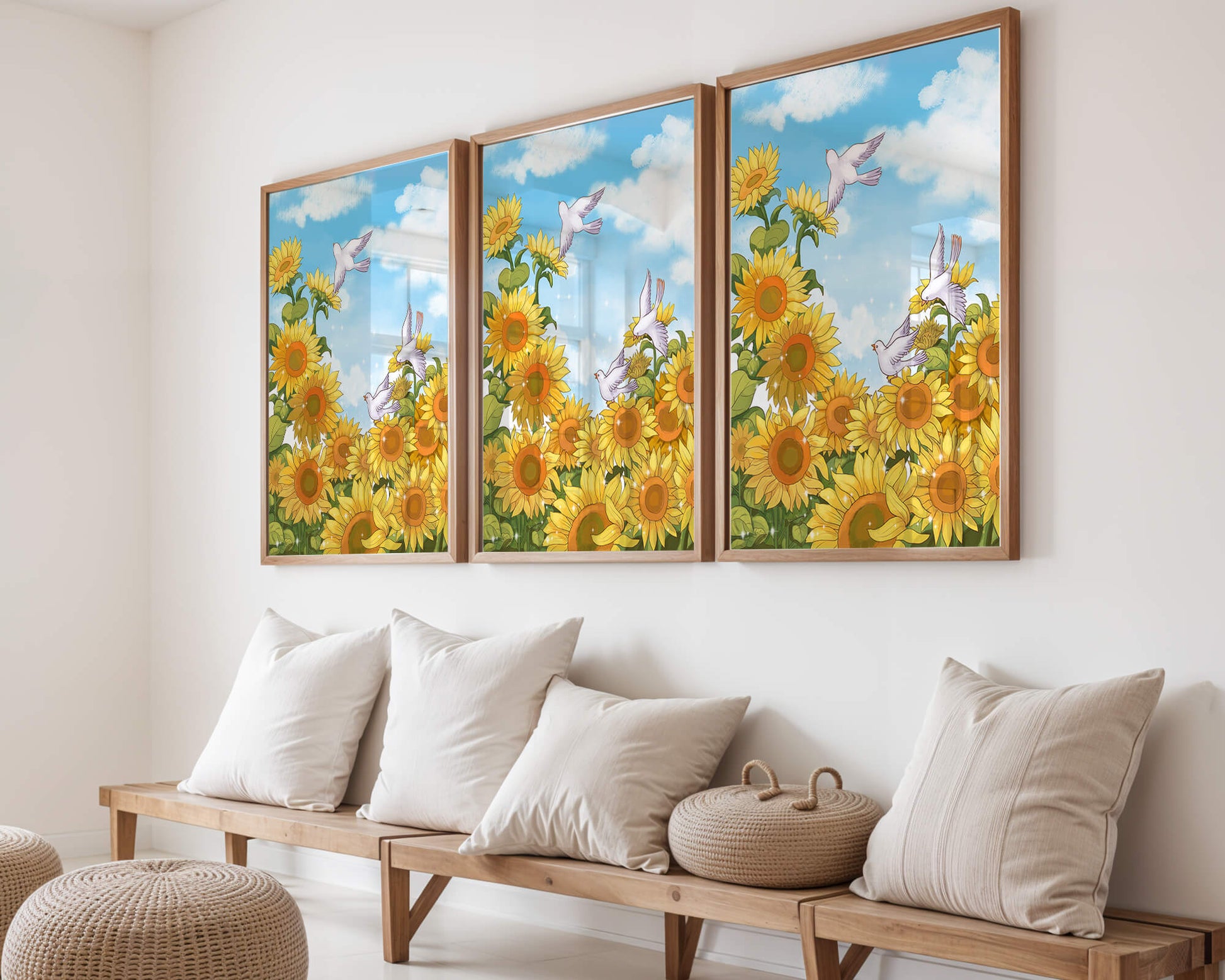 Friedliche Szene mit Sonnenblumen und Tauben unter einem strahlend blauen Himmel
