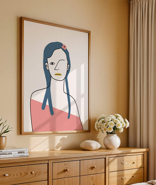 Abstract Portrait with Blue Hair and Floral Accent - Mi tienda