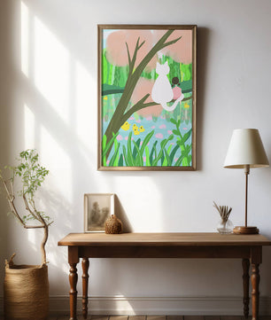 Encantadora ilustración al pastel de una niña y un gato junto a un estanque tranquilo