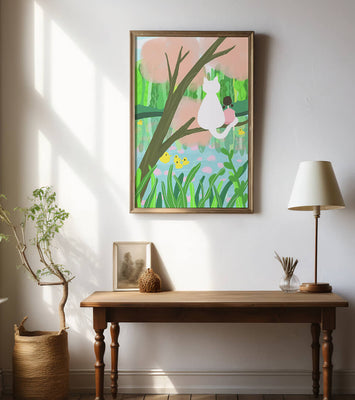 Charming Pastel Illustration of Girl and Cat by a Tranquil Pond