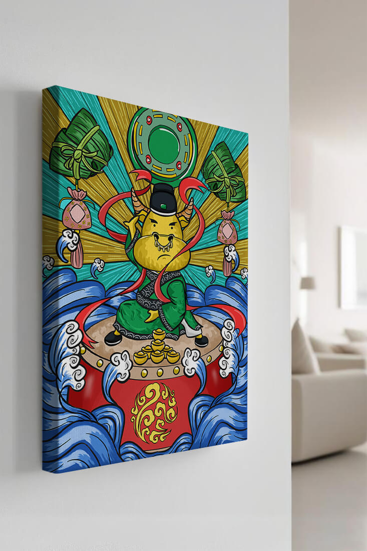 Colorful illustration of a mythical creature with traditional elements and vibrant colors