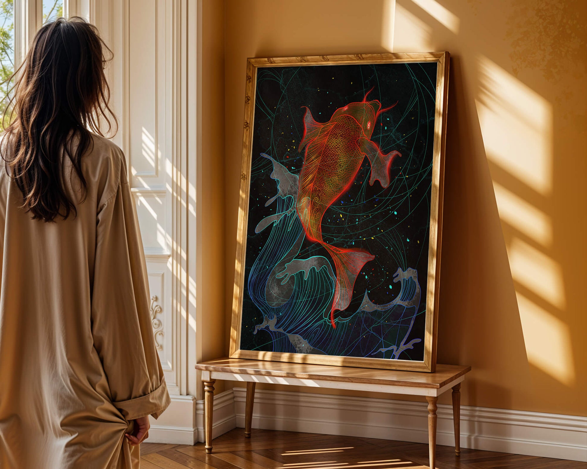 Koi Fish with Abstract Waves in Vibrant Colors