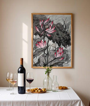 Illustration complexe de fleurs de lotus roses avec des feuilles