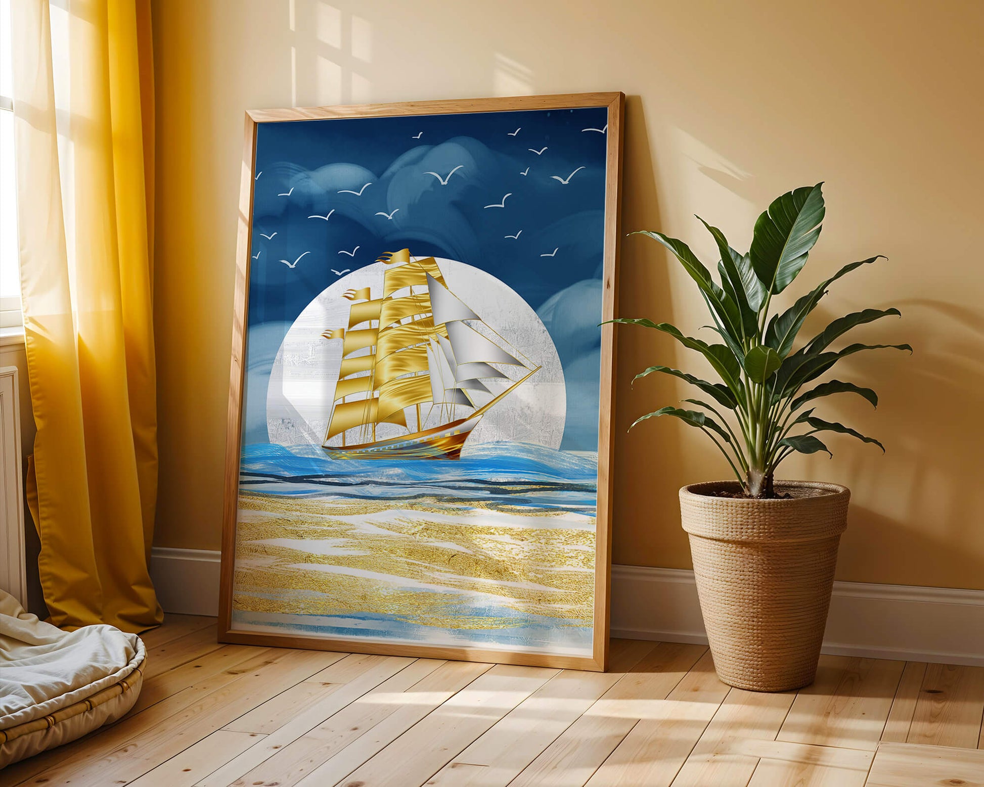 Golden Sailing Ship on the Sea with Seagulls and Blue Horizon