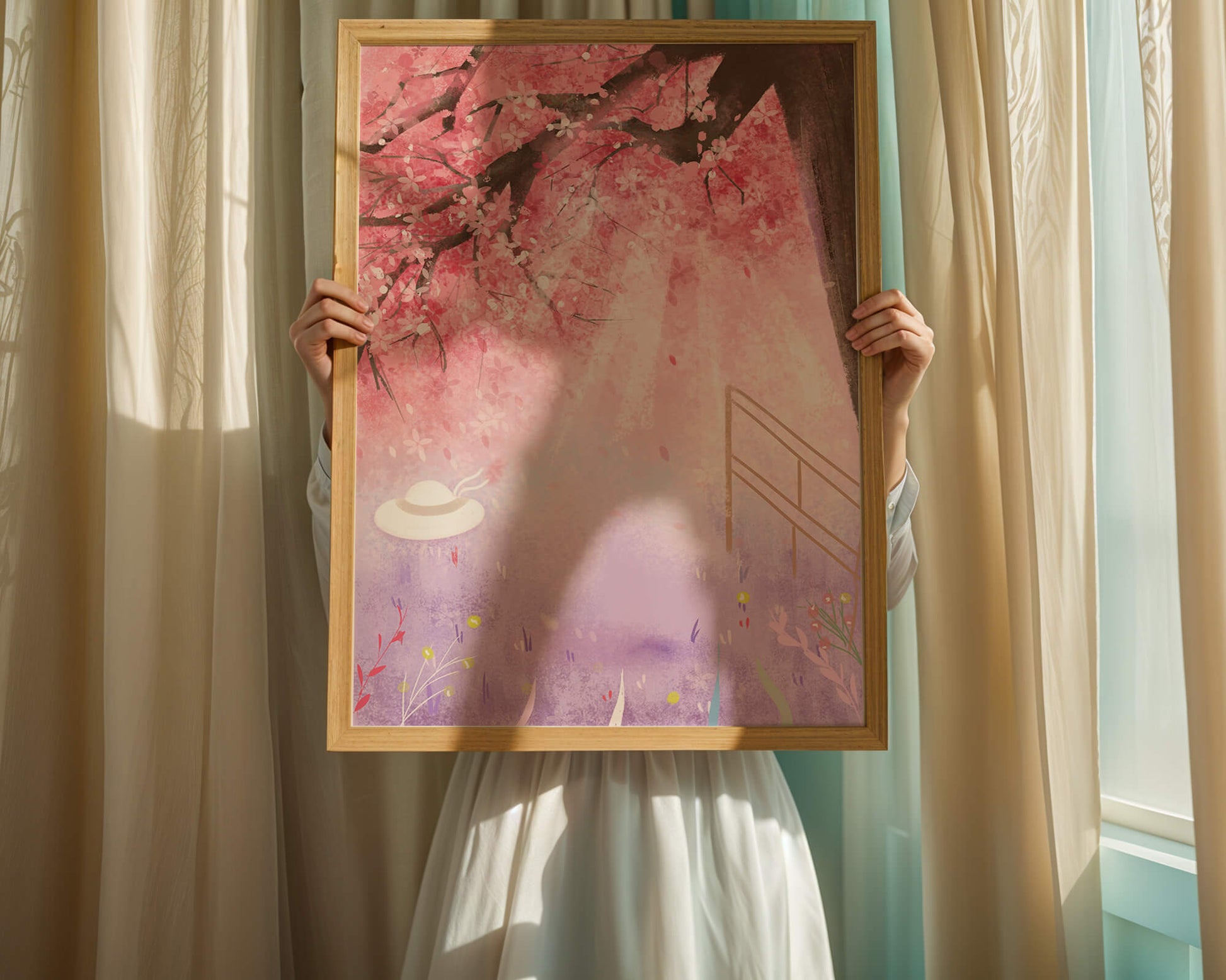 Cherry Blossom Garden with Spring Flowers and Sunlight