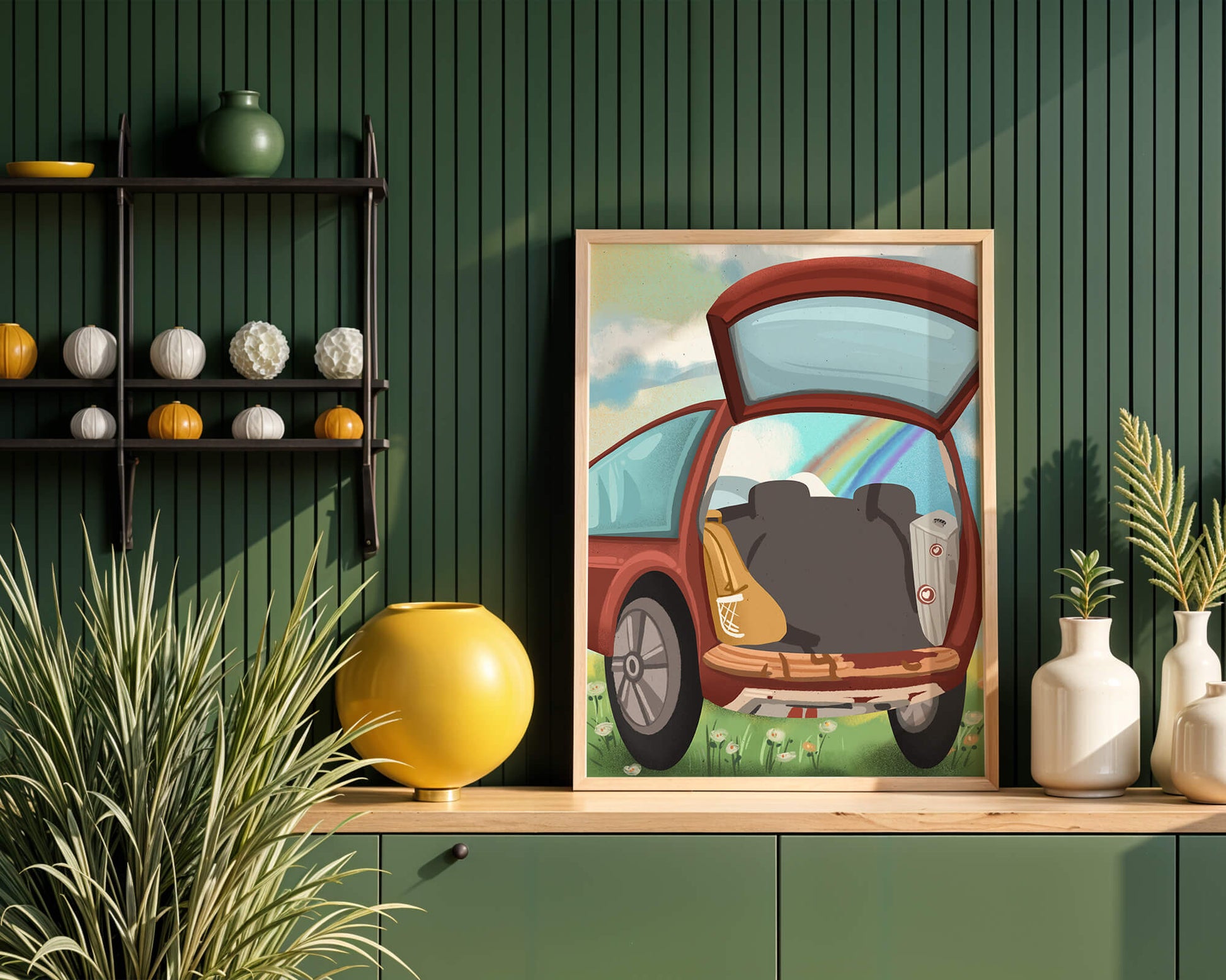 Car Trunk with Picnic Items and Rainbow in Background