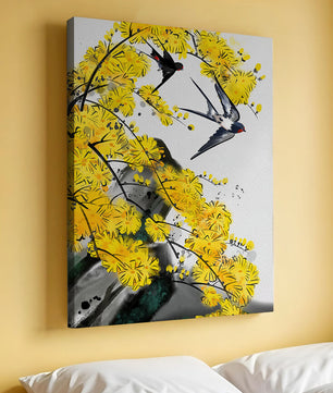 Representación artística de golondrinas entre flores amarillas vibrantes