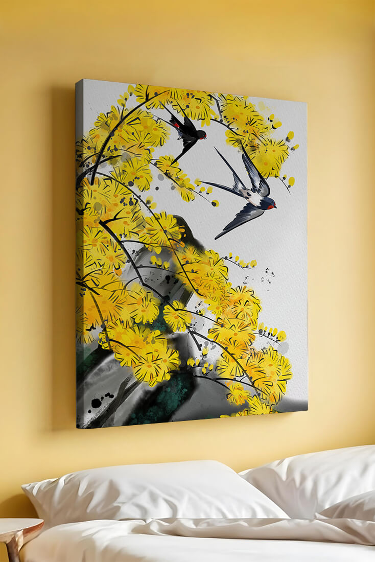 Artistic depiction of swallows amid vibrant yellow blossoms