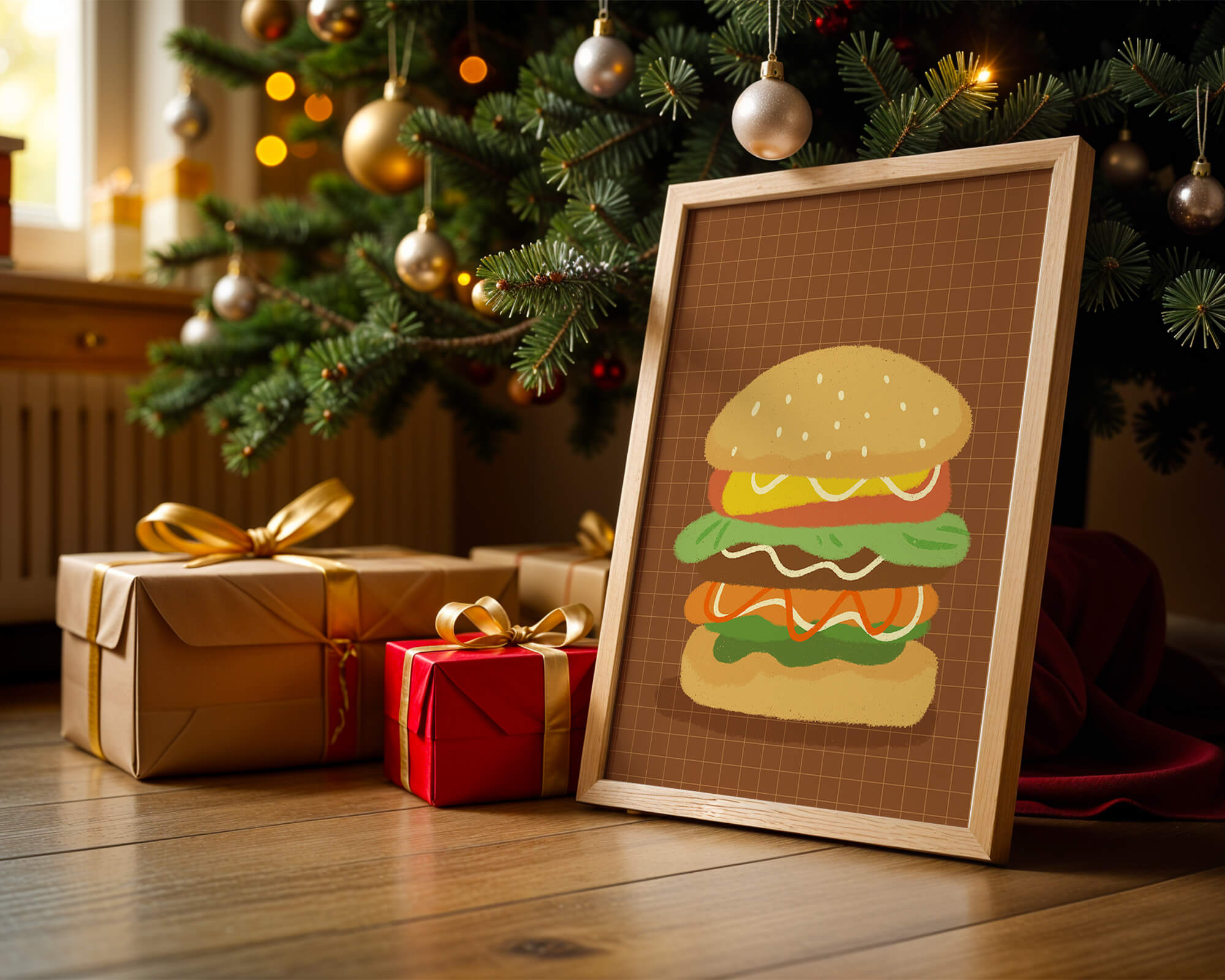 Illustrated cheeseburger with colorful layers on a grid background