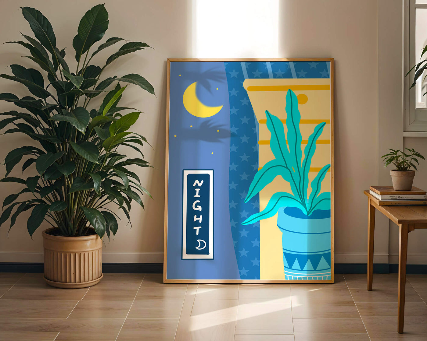 Nighttime plant illustration with crescent moon and starry background