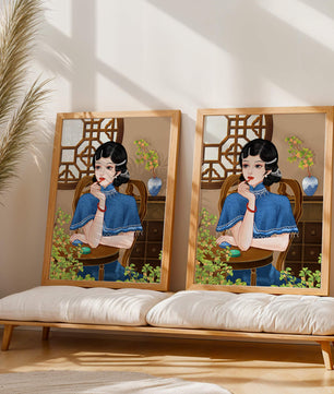 Elegant Woman in Traditional Chinese Setting with Blue Cape and Intricate Decor
