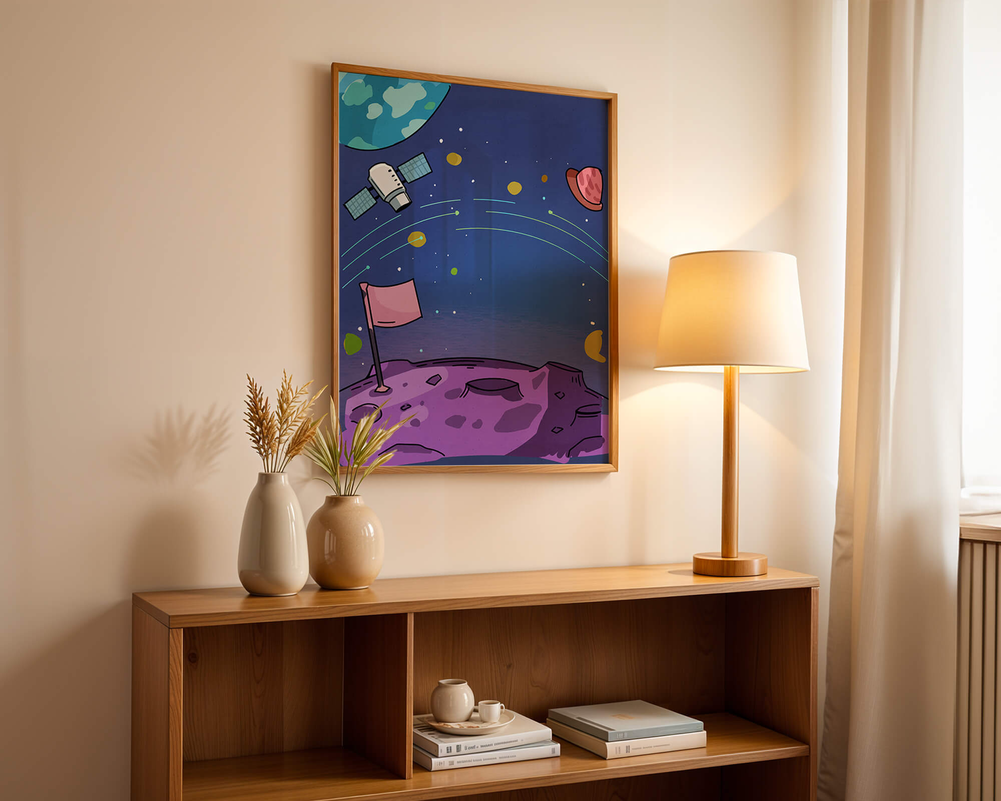 Illustration of outer space scene with planets and satellite