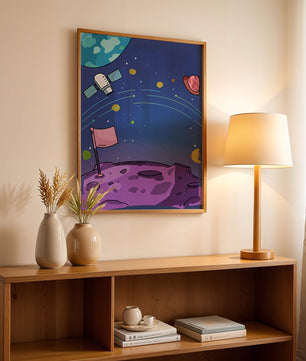 Illustration of outer space scene with planets and satellite