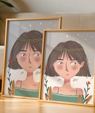 Illustrated girl with a braided crown, floral accents, and expressive features