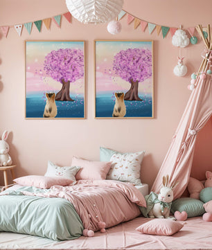 Serene scene with cat and blossoming cherry tree at sunrise