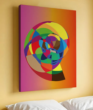 Vibrant abstract geometric shape with multicolored spiral on gradient background