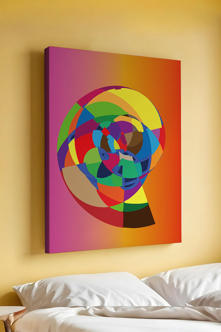Vibrant abstract geometric shape with multicolored spiral on gradient background