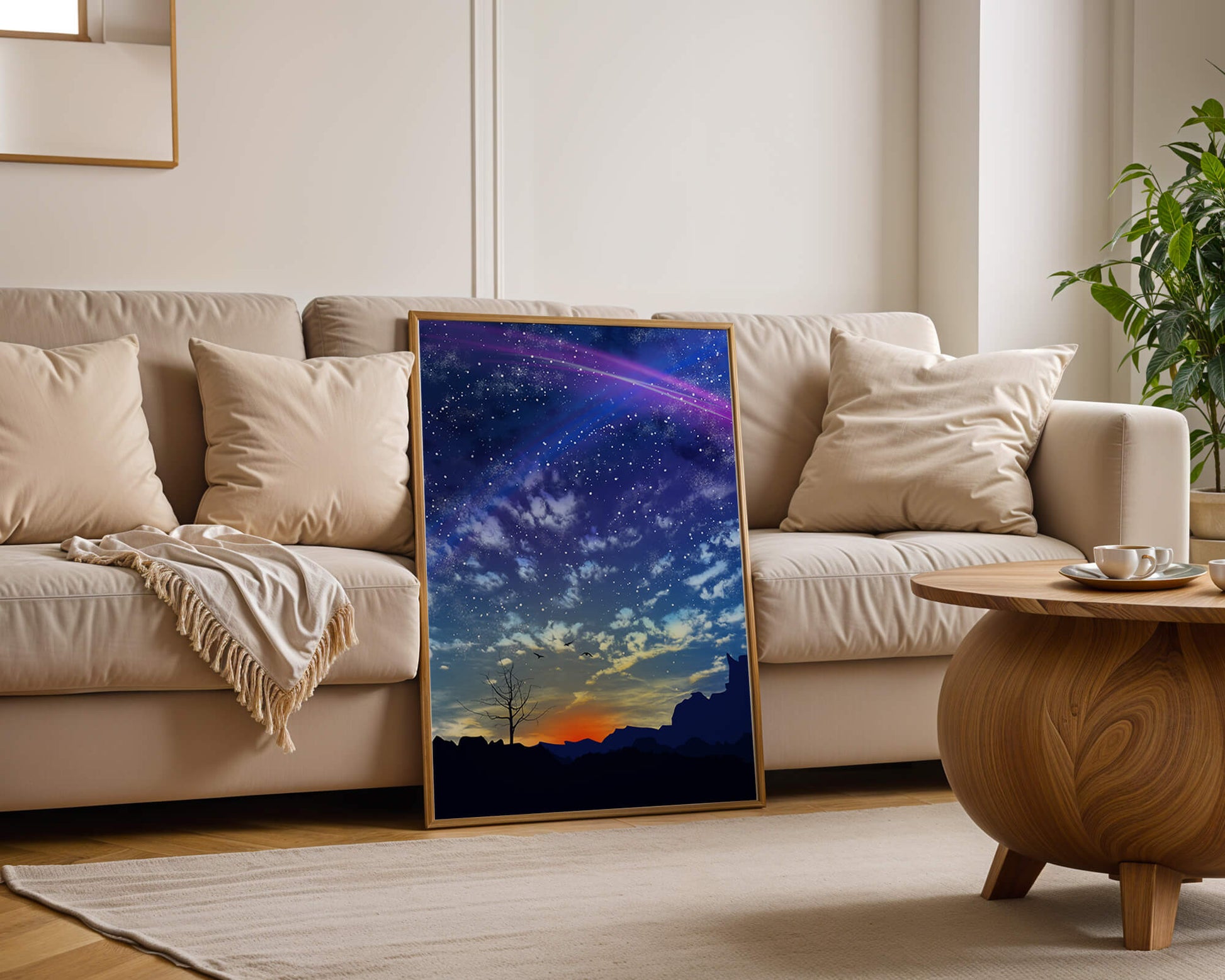 Starlit night sky with colorful sunset and silhouetted landscape