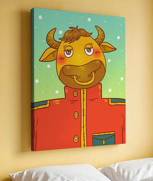 Cartoon cow character in a red coat against a snowy background