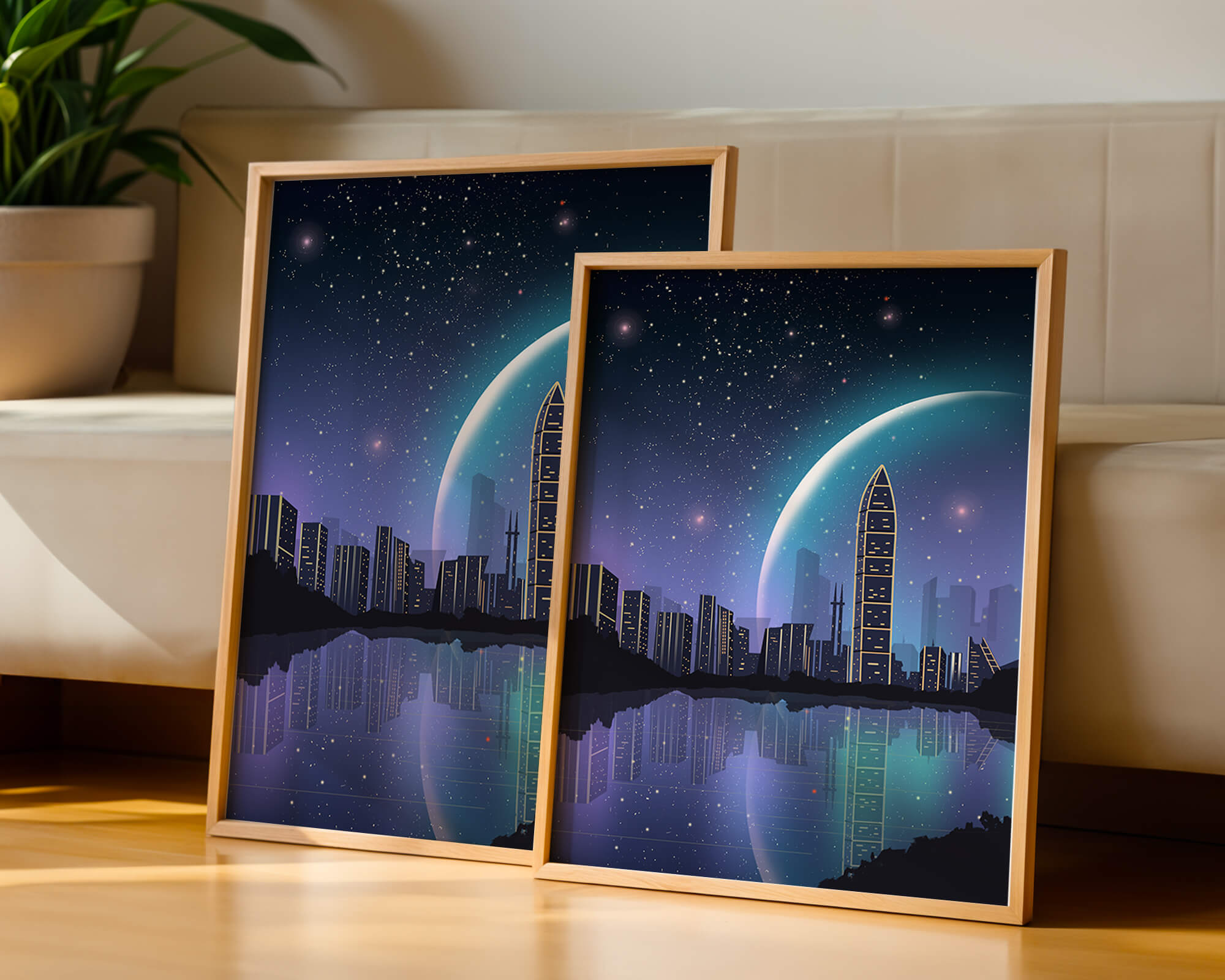 Futuristic cityscape under a starry night sky