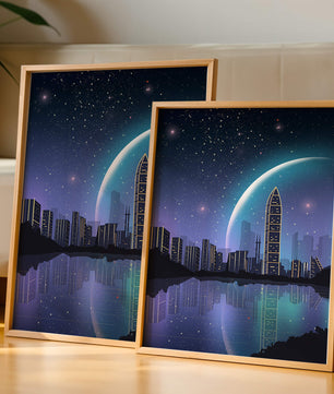 Paisaje urbano futurista bajo un cielo estrellado